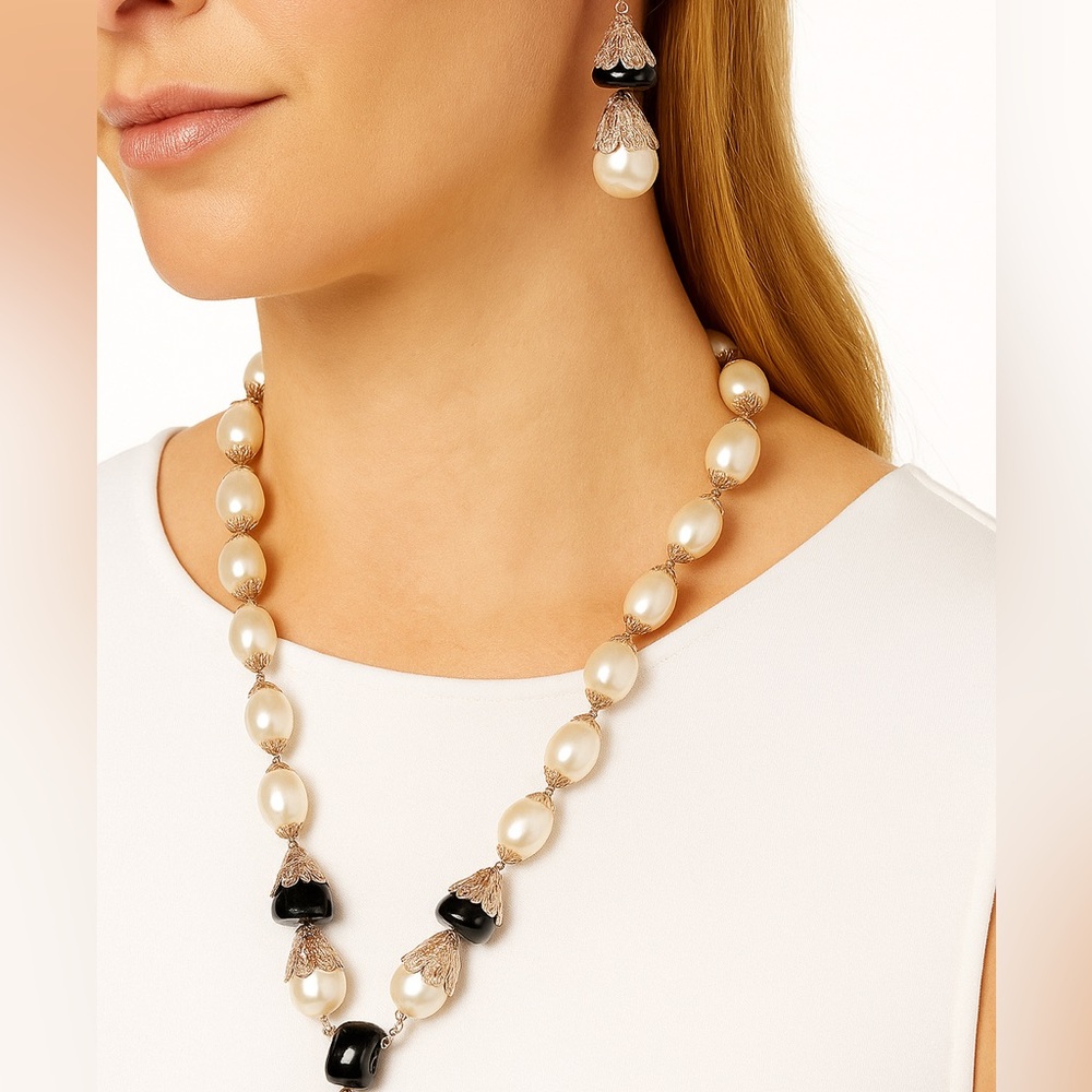 Macy’s Cream and Dark Blue Pearl Necklace Set